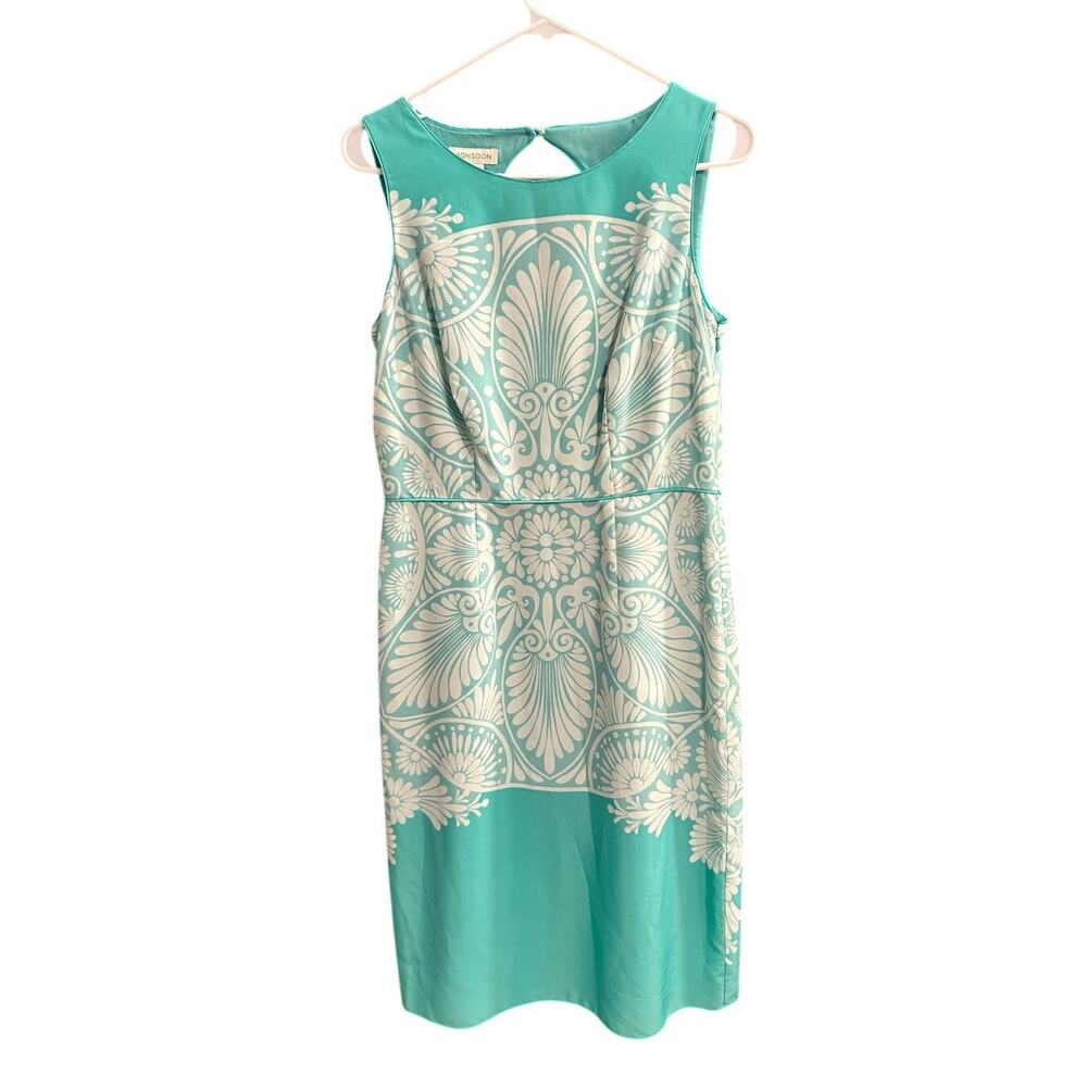 Monsoon Shift Dress Green White Exclusive Damask Print Keyhole Back Boho Size 8